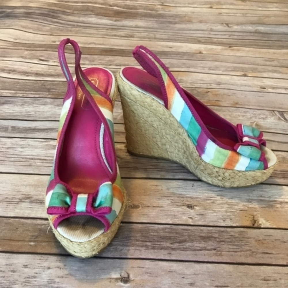 Coach Grace Multi Stripe Slingback Bow Wedges